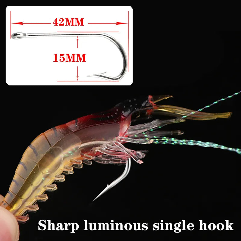 5pcs/Lot Luminous Shrimp Silicone Soft Bait Set 75mm 5.5g Swivels Glow Hooks